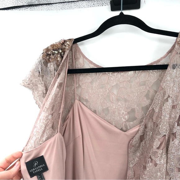 ADRIANNA PAPELL Embellished Metallic Lace Gown Dress 14 Blush Mother Wedding - Picture 10 of 14